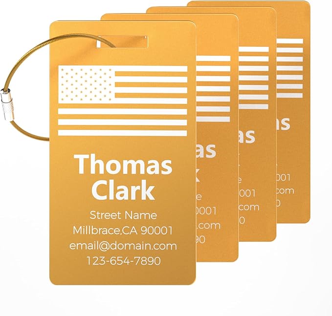 4 Pack Personalized Luggage Tags, Custom Engraved Aluminum Luggage Tags with Your Personalized Text, Waterproof Metal Name Tags with Steel Loop for Bags, Suitcase, Baggage, Backpack (Golden, Large)