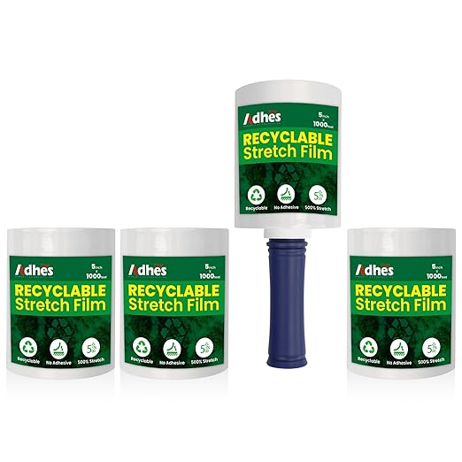 Adhes Recyclable Stretch Wrap Film 5 Inch x 1000 Feet, 4 Rolls with Handle, Heavy Duty Plastic Pallet Wrap for Moving, Packing, Shipping, Eco-Friendly, Tear Resistant, Self Adhering Clear Film