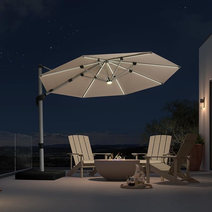 PURPLE LEAF Cantilever Patio Umbrella 10ft Round Solar LED Light, Support to by PURPLELEAF