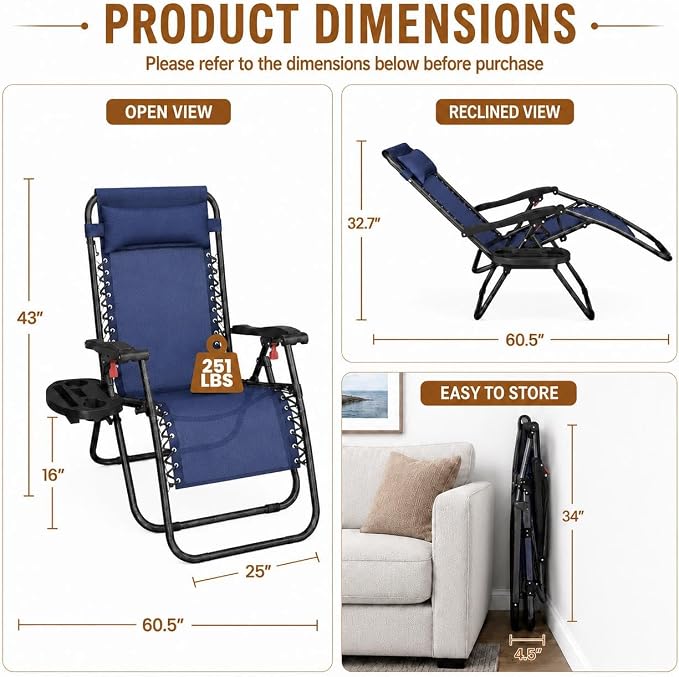 Yaheetech 26" Zero Gravity Recliners Adjustable Set of 2, Cup Holder Trays and - Image 2