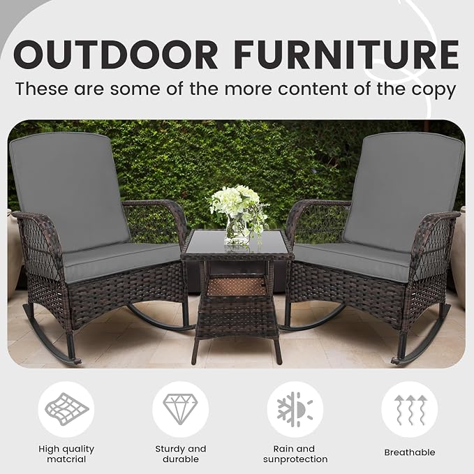 3 pcs Rocking Bistro Set Conversation Chairs PE Wicker Outdoor Rocking Chairs & - Image 6