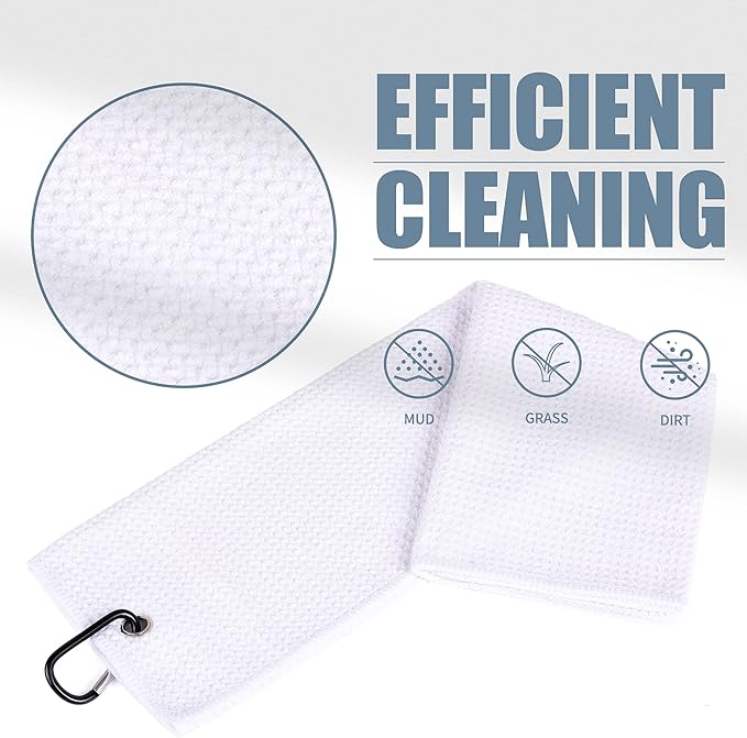 Mile High Life Tri-fold Golf Towel | 16" X 24" | Premium Microfiber Fabric | Waffle Pattern | with Heavy Duty Carabiner Clip | for Men and Women (White)