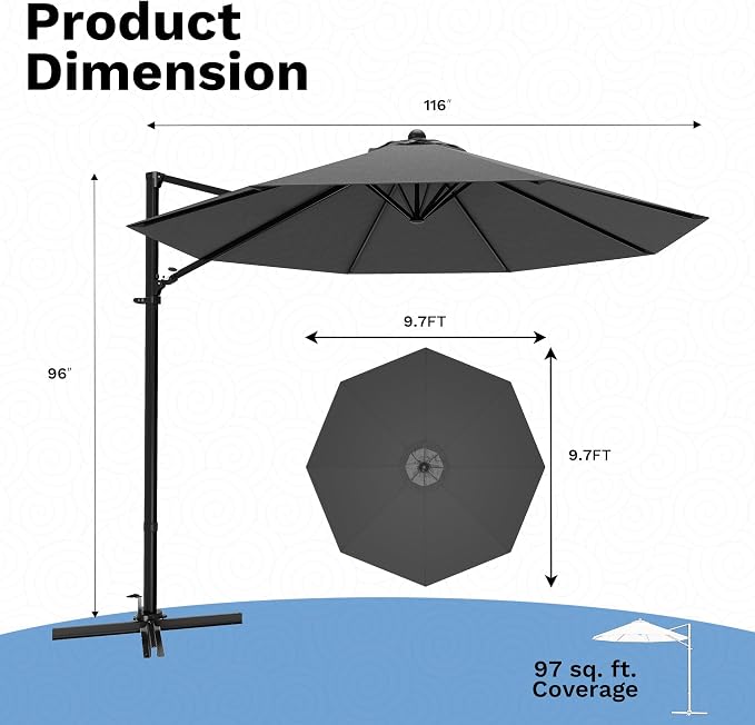 Devoko 10ft Cantilever Patio Umbrella, Round Large Outdoor Umbrella - Image 2