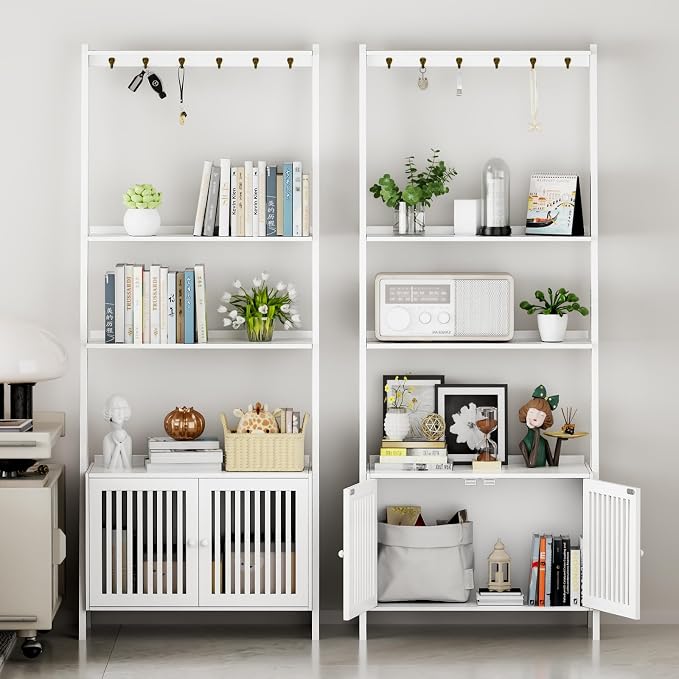 Bookcase with Drawers, 4-Tier Bamboo Bookshelf Ladder Shelf with 6 Hooks - Image 6