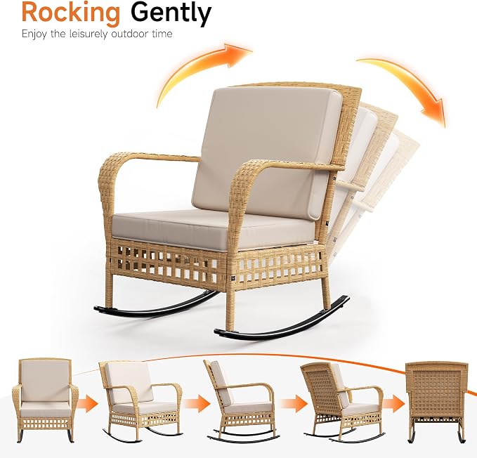 DECMICO Outdoor Rocking Chair Set, 3-Piece Wicker Patio Furniture | Elegant - Image 3