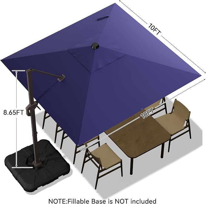 10x10FT Cantilever Outdoor Umbrella, 360° Rotating Large Offset Square Patio - Image 3