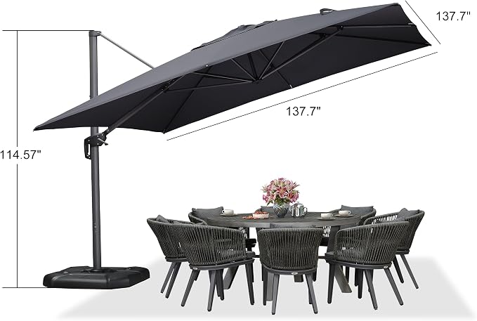PURPLE LEAF Patio Telescopic Umbrella 11.5' x 11.5' Up Down Lifting Grey | - Image 9