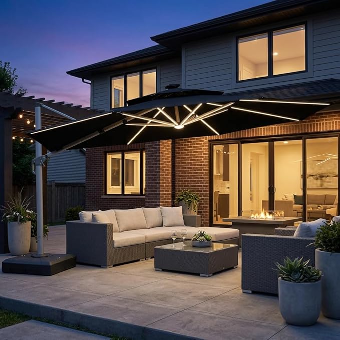 PURPLE LEAF Cantilever Umbrella 13ft Solar LED Light Double Top, Stays bright by PURPLELEAF