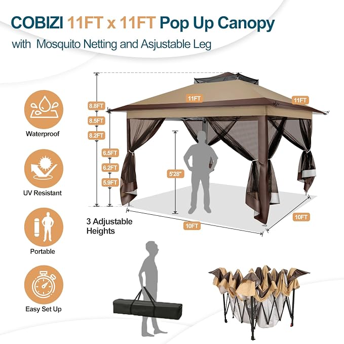 COBIZI 11x11 Pop Up Gazebo Canopy Tent Outdoor Gazebo Waterproof Upgrade Easy - Image 5