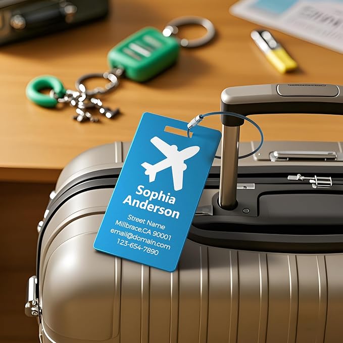 4 Personalized Metal Luggage Tags for Suitcase, Laser Engraved with Text and Logo, Custom Aluminum Name Tags with Stainless Steel Ring, for Travel, Golf Bag, and Baggage (Purple)