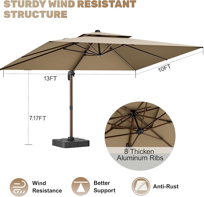 10x13FT Cantilever Outdoor Patio Umbrellas, Double Top Wood Pattern Rectangle - Image 5