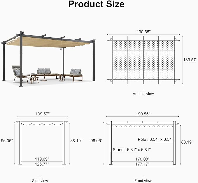 PURPLE LEAF Outdoor Pergola 12' X 16' Retractable Canopy Aluminum, Custom Shade - Image 7