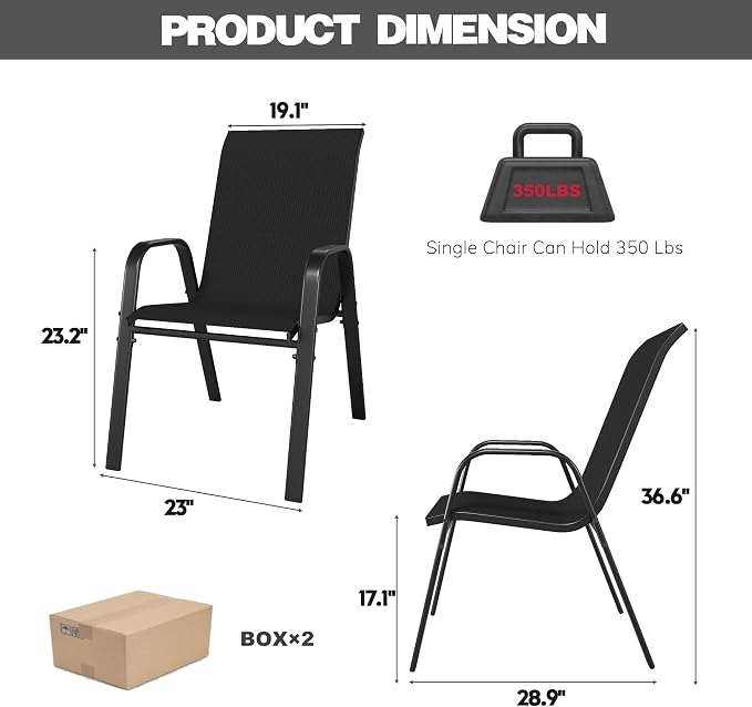 Black Patio Chairs Set of 6, Stackable Outdoor Dining Chairs - Image 2