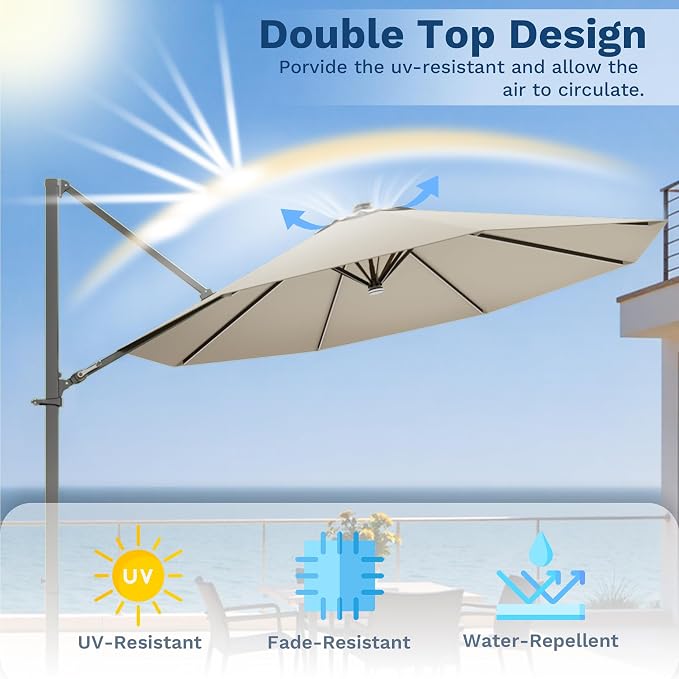Devoko 10ft Solar LED Patio Umbrella, Round Cantilever Outdoor Umbrella - Image 8