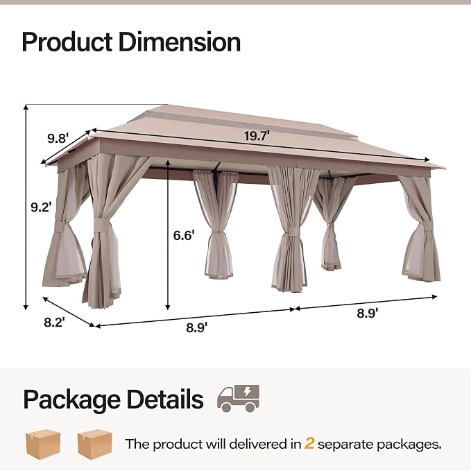 10'x20' Outdoor Gazebo, Metal Frame Heavy Duty Patio Canopy Tent Shelter - Image 2
