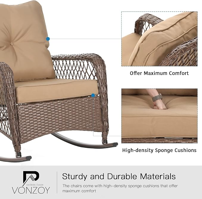 Patio Furniture Set 3 Pieces, Wicker Outdoor Rocking Bistro Set, Khaki | VONZOY - Image 5
