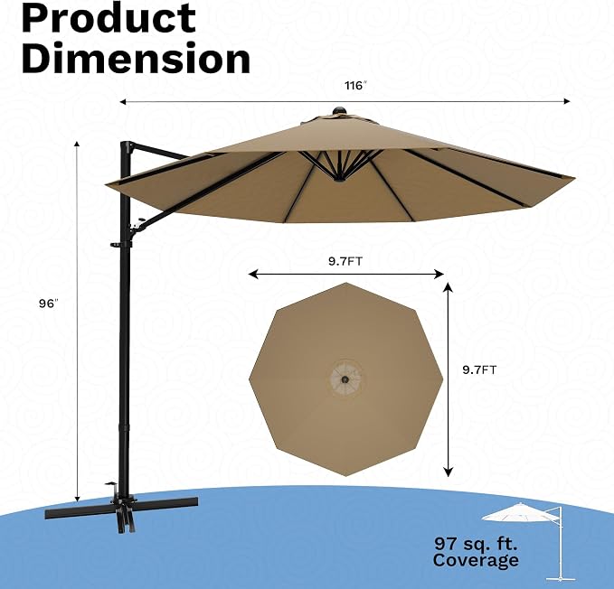 Devoko 10ft Cantilever Patio Umbrella, Round Large Outdoor Umbrella - Image 3