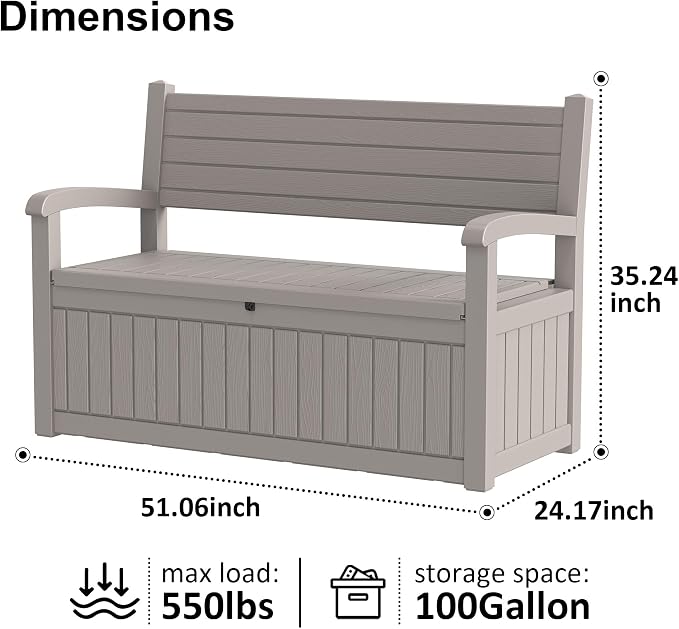 100 Gallon Outdoor Storage Bench, Waterproof Resin Deck Box - Image 2