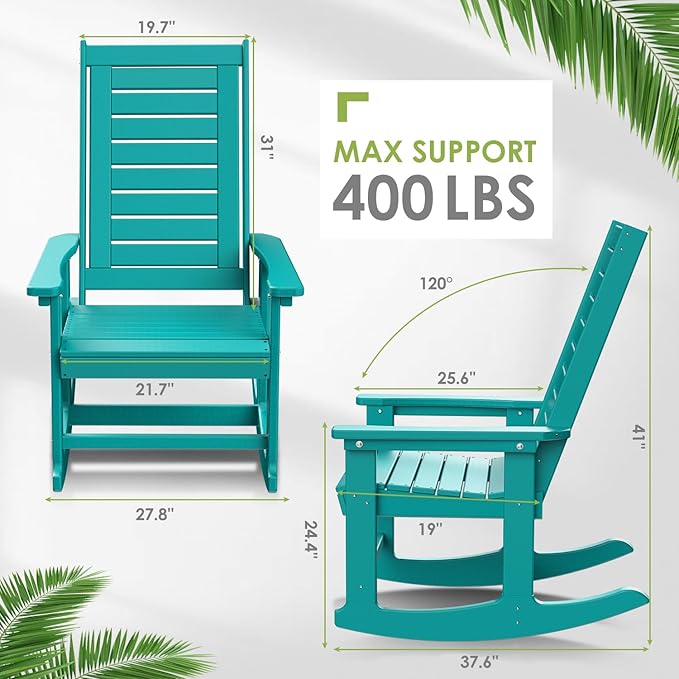 GREENVINES Oversized Outdoor Rocking Chair, HDPE Rocker, Aqua | 21.7" Wide Seat - Image 3