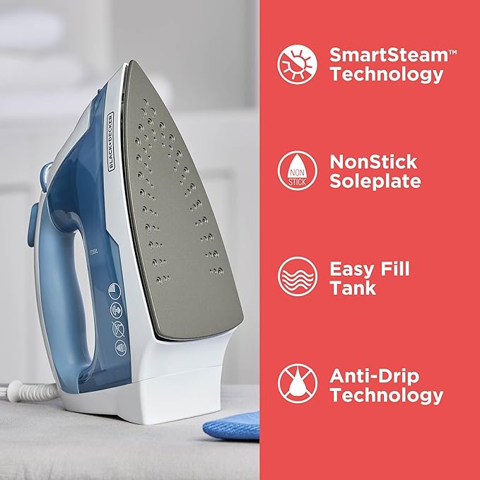 BLACK+DECKER Easy Steam Compact Iron for Clothes, Automatic Shutoff, Nonstick Plate, Light Weight, 1200 Watts