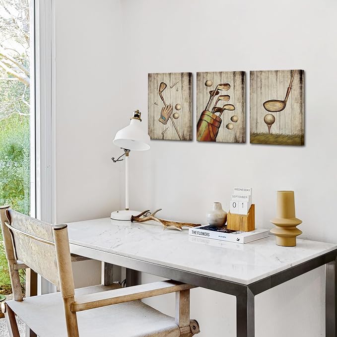 SkenoArt 3 Piece Sport Wall Art Vintage Golf Balls Painting Picture Prints Brown Poster Canvas Artwork Home Gym Office Man Bedroom Decoration Ready to Hang Gifts for Golf Lovers