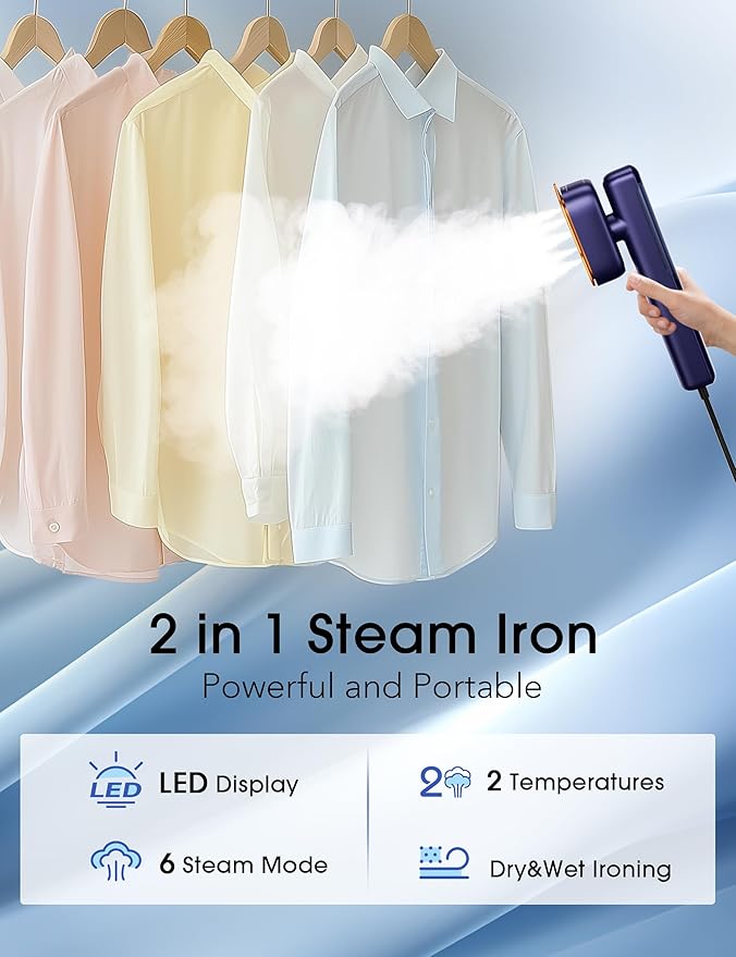Burst steam Iron for Clothes 2-in-1 Steamer & Iron for Clothes,12s Fast Heat-up 1100W Portable Handheld Garment Steamer, Travel Steamer with Large Ceramic Heat Panel, Quick Wrinkle Removal,110-240V