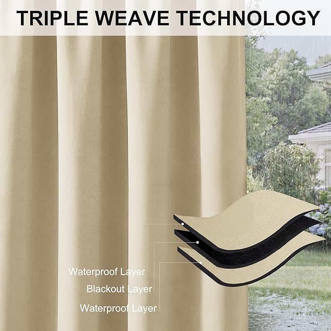 RYB HOME Extra Wide Outdoor Curtains 2 Panels or Patio Waterproof | Blackout - Image 7