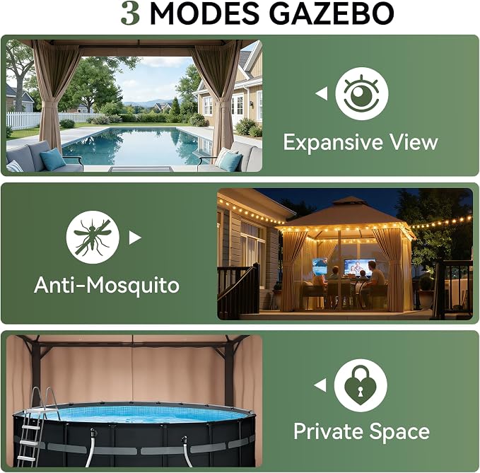 Aoxun 8x8FT Metal Frame Outdoor Gazebo, Khaki | UPF50+ Protection 50×50mm - Image 5