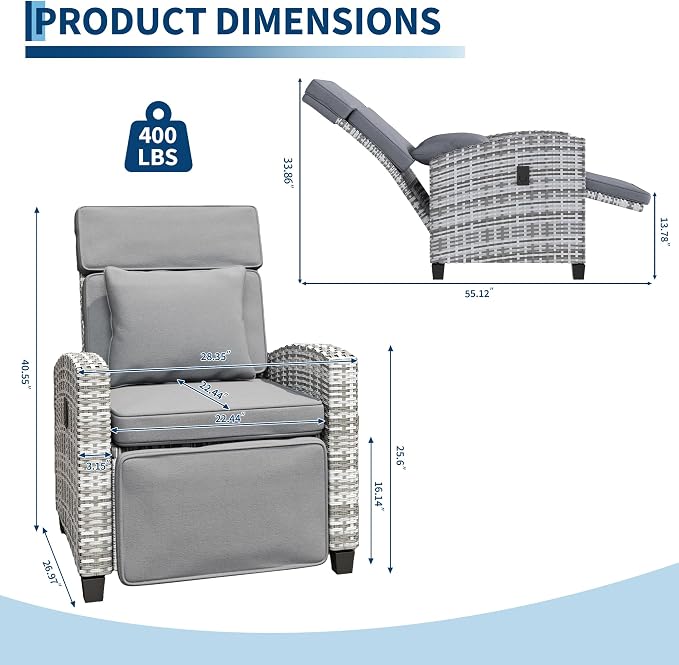 Garvee 2PCS Outdoor Wicker Recliner Chair, 145° Adjustable Backrest & Footrest - Image 2