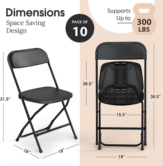 10 Pack Foldable Plastic Chair | Folding & Stackable | 350 lbs Capacity Steel - Image 2