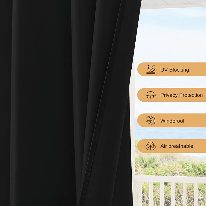 Outdoor Curtains for Patio Waterproof Rod Pocket 6 Pcs 54x108 Inch Black | - Image 4