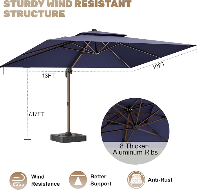 10x13FT Cantilever Outdoor Patio Umbrellas, Double Top Wood Pattern Rectangle - Image 5