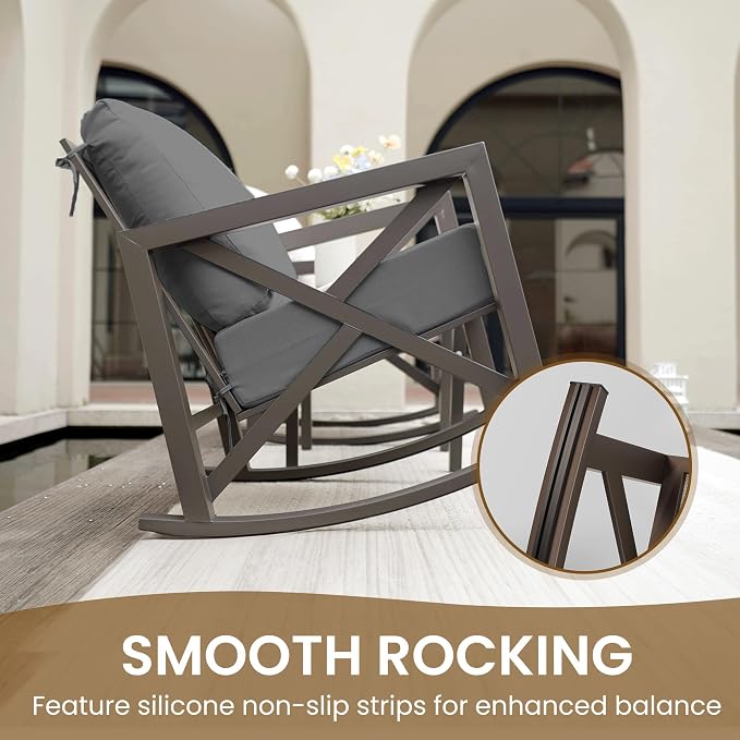 UDPATIO Rocking Chair Outdoor Oversized Metal Bistro Set 6.5" Cushion Grey | 3 - Image 6
