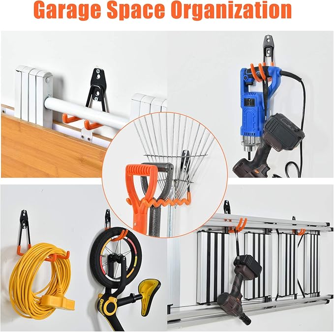 AOBEN Garage Hooks Heavy Duty, Steel Garage Storage Hooks, Utility Tool Hangers and Combinable Wall Mount Garage Hooks for Organizing Ladders, Bikes, Hoses, and More Equipment (Small J, 4 Pack)