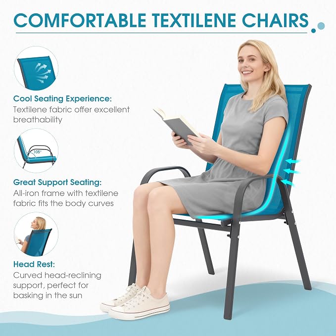 24.4" Wide Outdoor Stackable Chairs Set of 6 | Stacking Patio Chairs - Image 4
