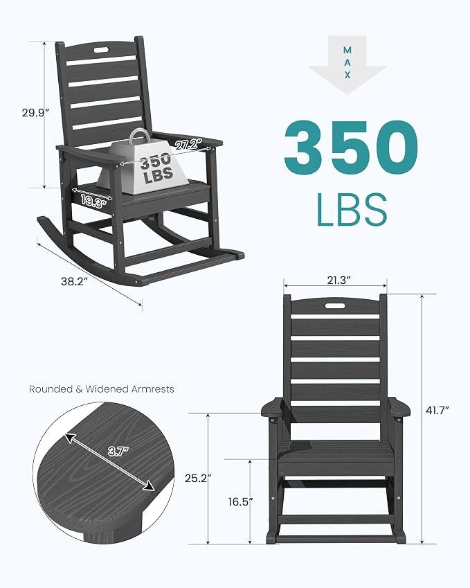 SERWALL Outdoor Rocking Chair Set of 6, Oversized HDPE Rocker, All Weather - Image 3