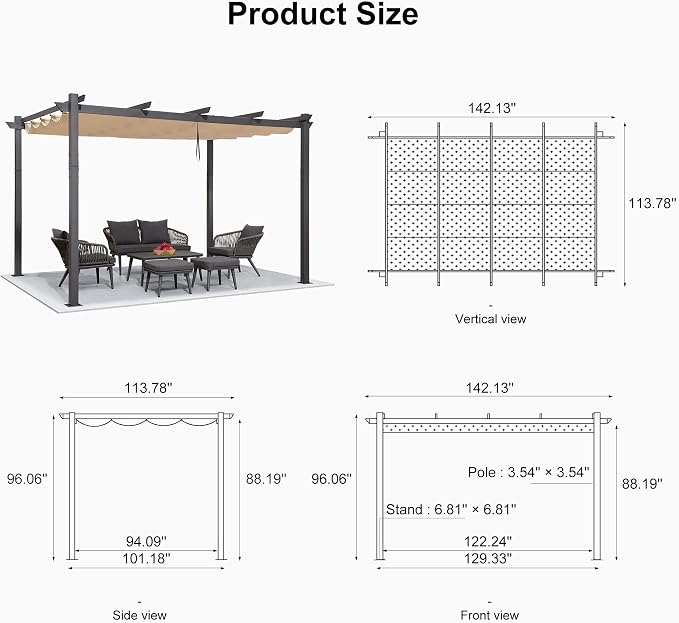PURPLE LEAF Outdoor Retractable Pergola 10' X 12' Canopy Aluminum, Custom Shade - Image 5