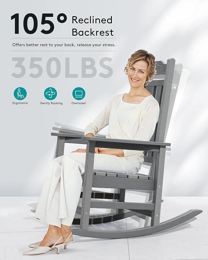 SERWALL Oversized Outdoor Rocking Chair, Patio Rocking Chair, Unique Gray | - Image 3