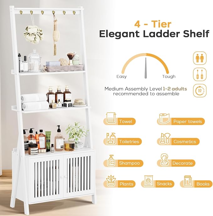Bookcase with Drawers, 4-Tier Bamboo Bookshelf Ladder Shelf with 6 Hooks - Image 9