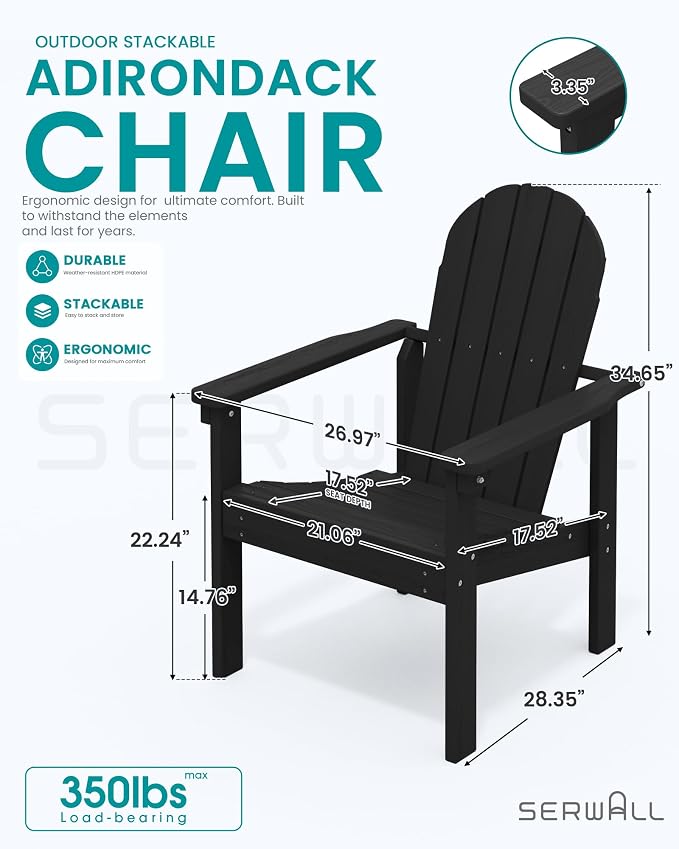 SERWALL HDPE Stackable Adirondack Chair, Space-Saving - Image 3