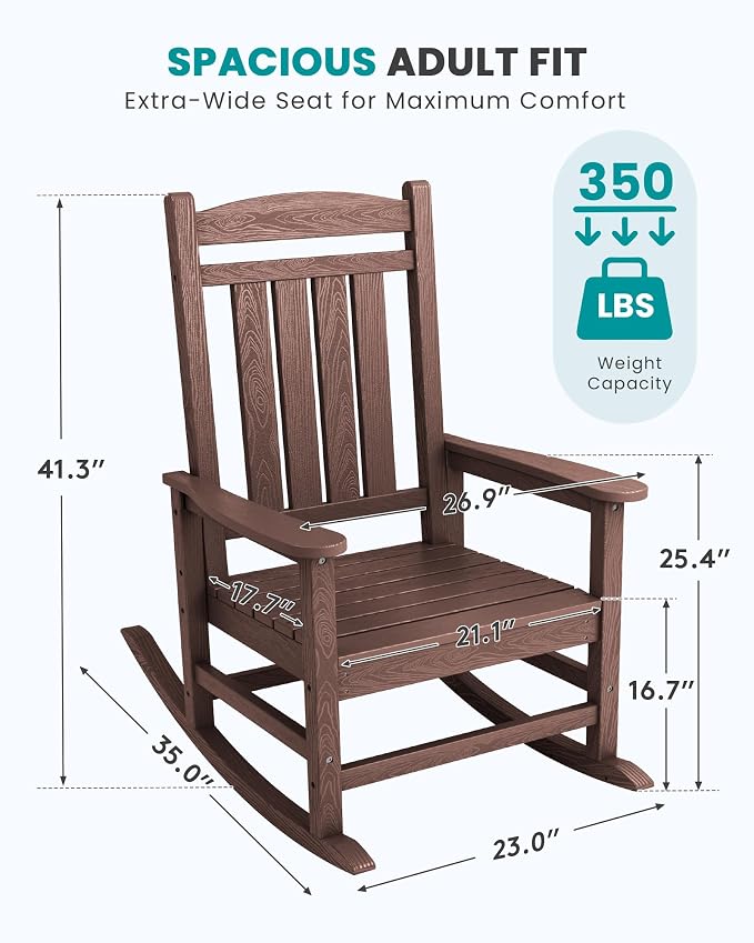 SERWALL Rocking Chair Outdoor, Oversized HDPE Patio Rocking Chairs, Coffee | - Image 3