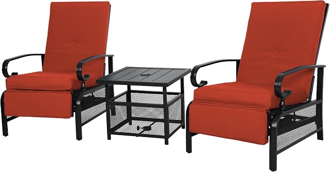 Incbruce 3 Pieces Outdoor Lounge Recliner Set, 2 Adjustable Metal Recliner Sofa by Incbruce