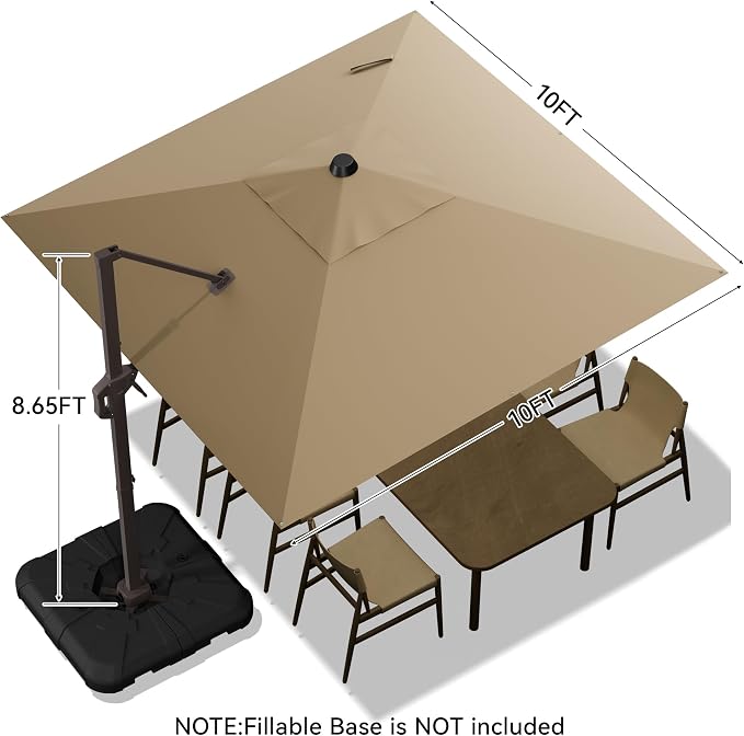 10x10FT Cantilever Outdoor Umbrella, 360° Rotating Large Offset Square Patio - Image 3