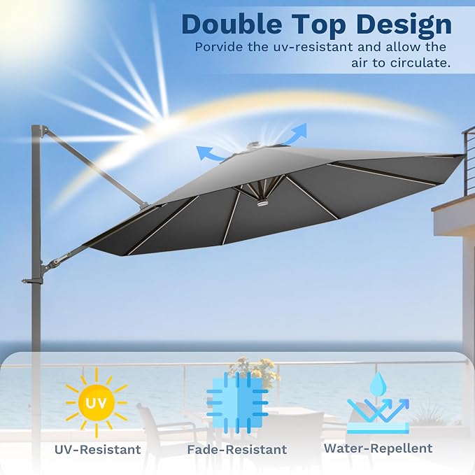 Devoko 10ft Solar LED Patio Umbrella, Round Cantilever Outdoor Umbrella - Image 8