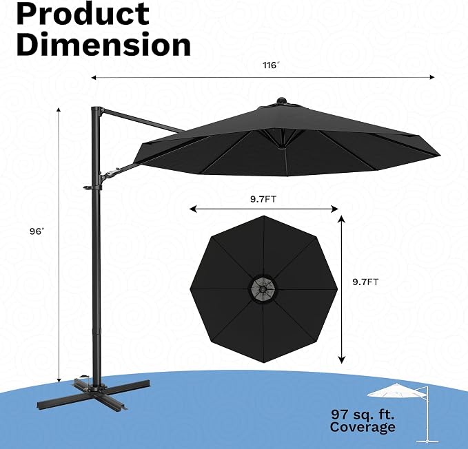 Devoko 10ft Cantilever Patio Umbrella, Round Large Outdoor Umbrella - Image 2