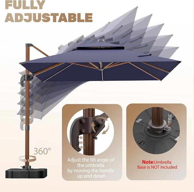 10x13FT Cantilever Outdoor Patio Umbrellas, Double Top Wood Pattern Rectangle - Image 6