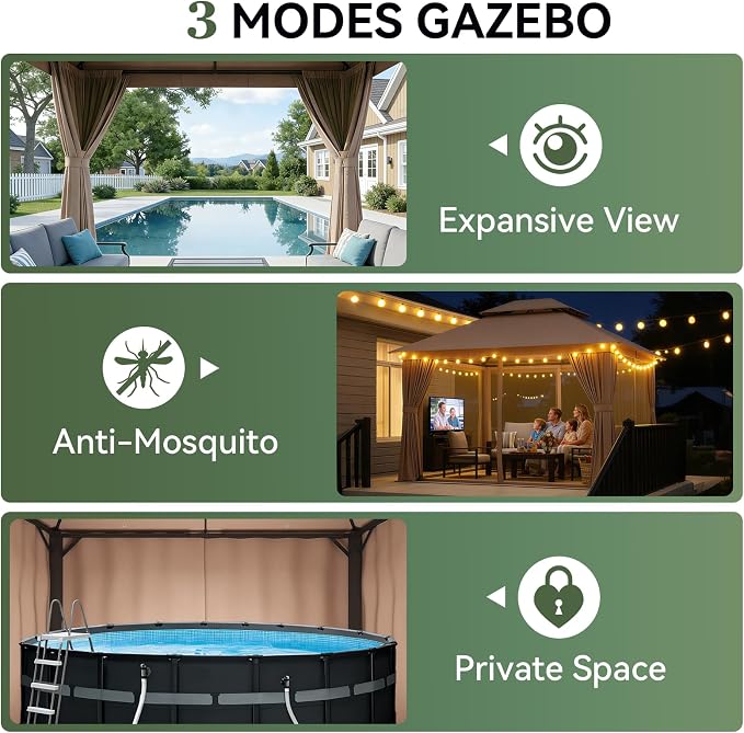 Aoxun 10x12FT Metal Frame Outdoor Gazebo, Khaki | UPF50+ Protection 50×50mm - Image 4
