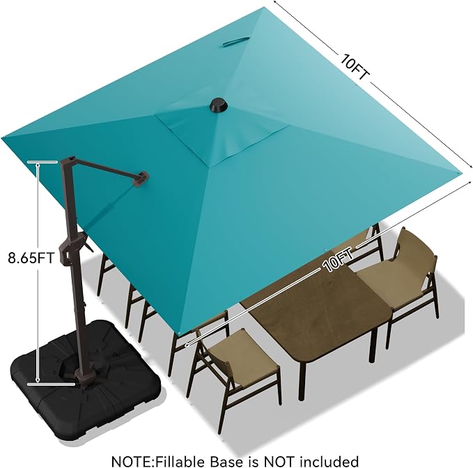 10x10FT Cantilever Outdoor Umbrella, 360° Rotating Large Offset Square Patio - Image 3