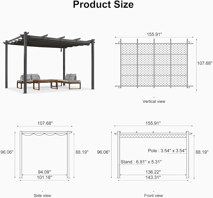 PURPLE LEAF Against Wall Pergola 9.5' X 13' Sliding Aluminum Canopy, Custom - Image 7