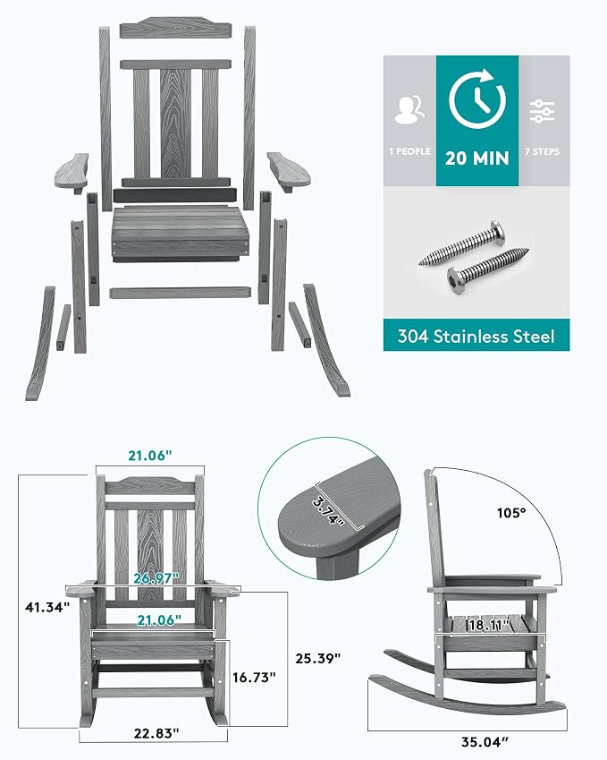 SERWALL Oversized Outdoor Rocking Chairs Set of 4, Patio Rocker Unique Gray | - Image 5